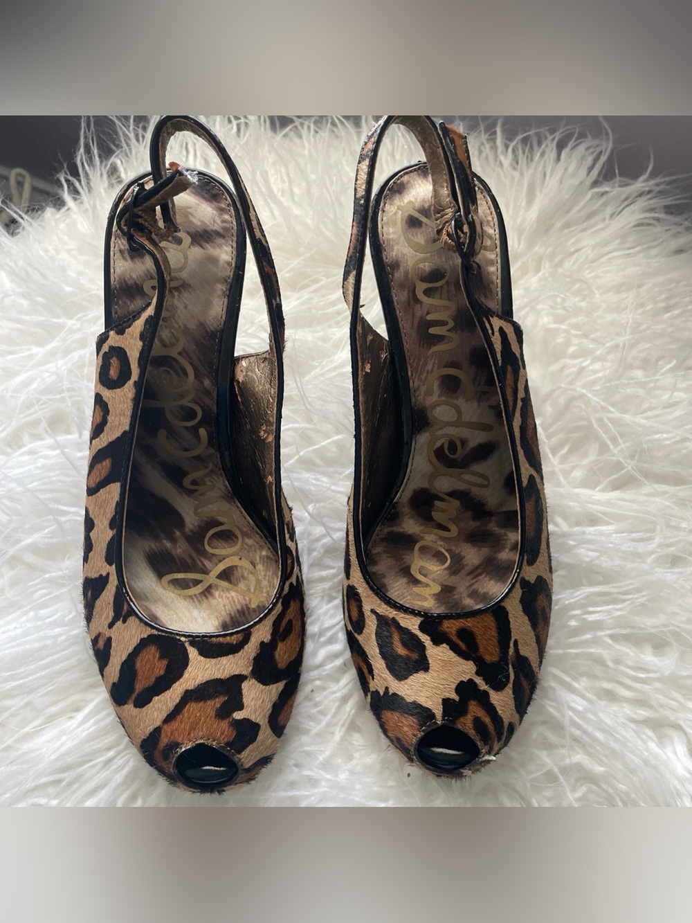 Sam Edelman Penelope Calf Hair Leather Leopard Pump Peep Toe Heel 7.5 7 1/2